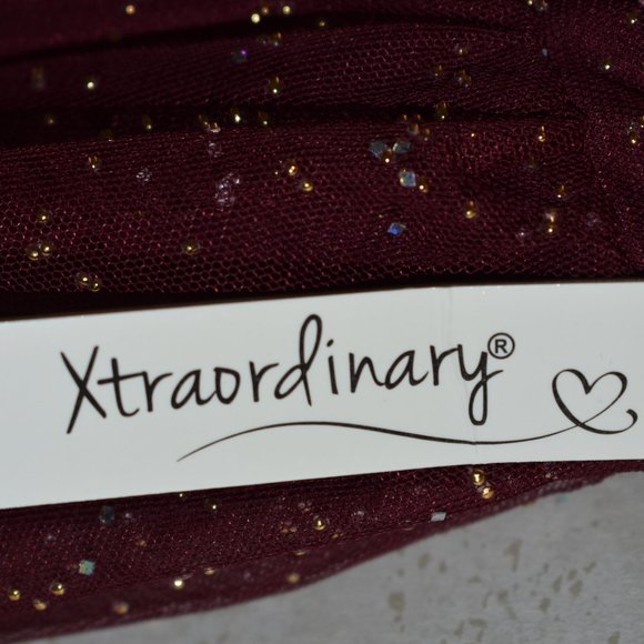 New Xtraordinary Spaghetti Strap Surplice V-Neck Glitter Red/Burgundy Mesh Dress - Picture 11 of 11